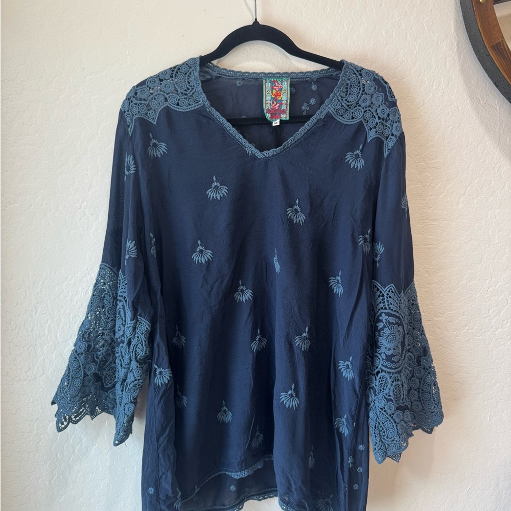 Johnny Was Blue Ruffled Bell Sleeve Blouse